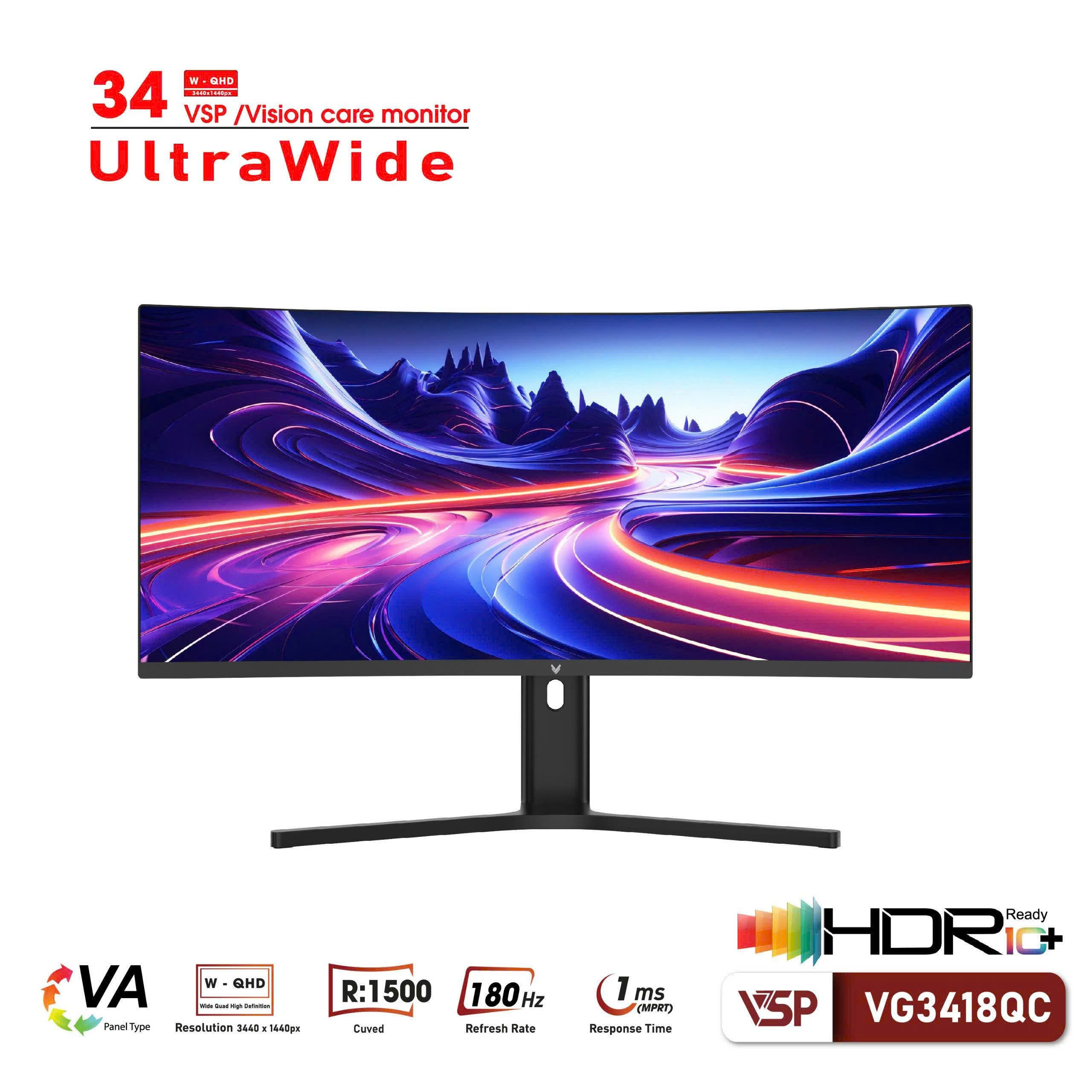 MÀN HÌNH 34" Cong UltraWide (21:9) VA | R1500 | 180Hz | HDMI2.0*2 | DP*2 | 1ms
